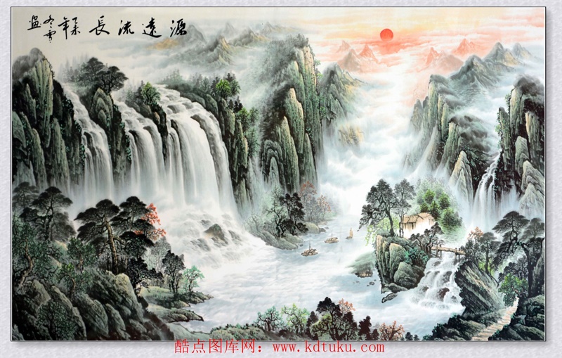 m1646-中式手绘水墨山水源远流长瀑布红日松树背景墙壁画