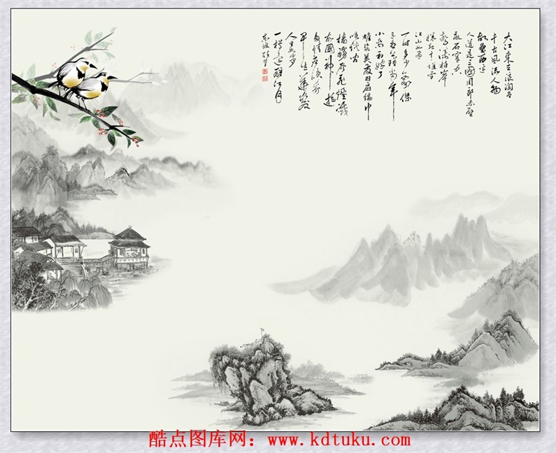 m1915-中式水墨山水人家背景墙壁画