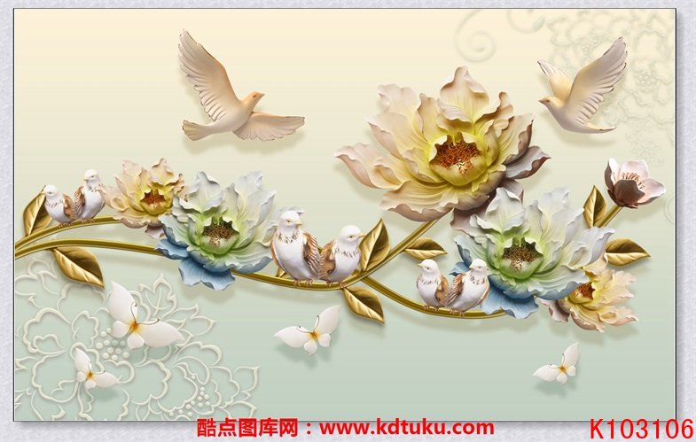 k103106-浮雕花朵白鸽子白色蝴蝶背景墙壁画