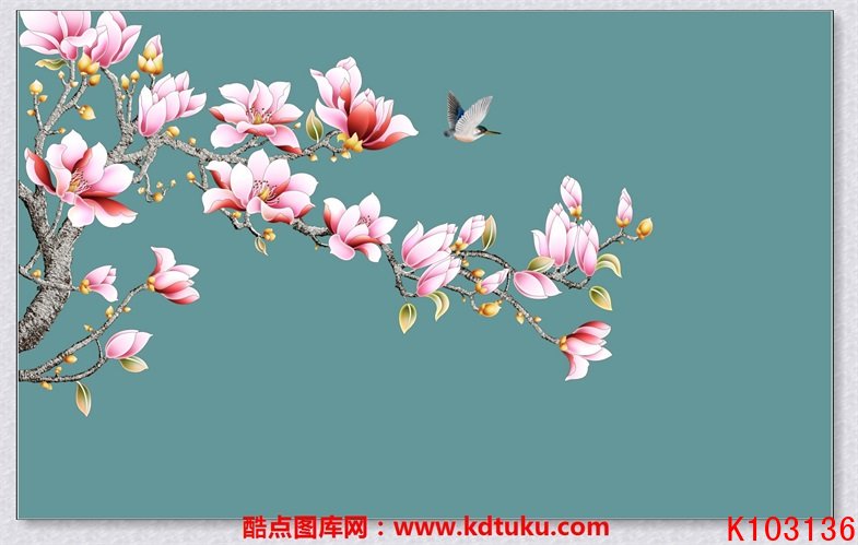 k103136-新中式手绘花鸟玉兰花小燕子背景墙壁画