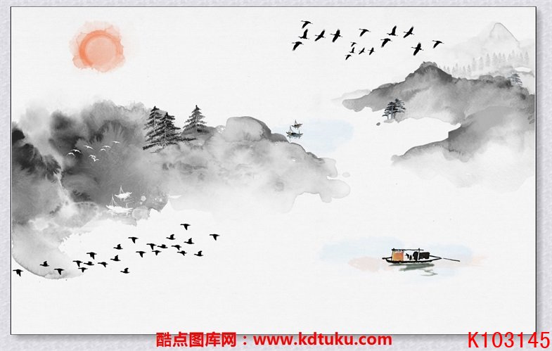 k103145-新中式水墨山水抽象意境禅意小船红日大雁背景墙壁画