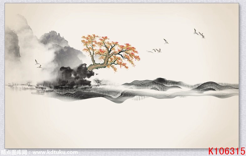 k106315-新中式水墨意境禅意抽象大树背景墙壁画