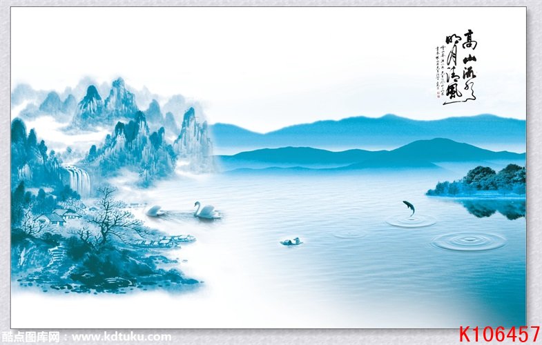 k106457-高山流水晓月清风新中式意境禅意水墨山水背景墙壁画