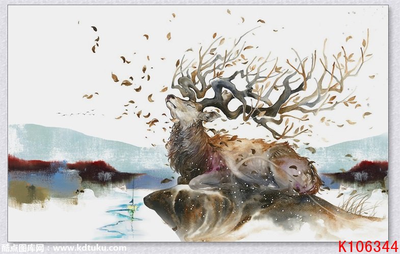 K106344-北欧欧式神鹿麋鹿手绘油画背景墙壁画_酷点图库